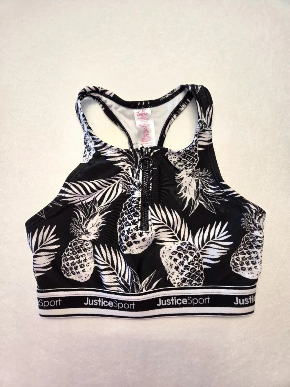 Justice Sport Girls Pineapple Sports Bra Black White Size Small 7/8